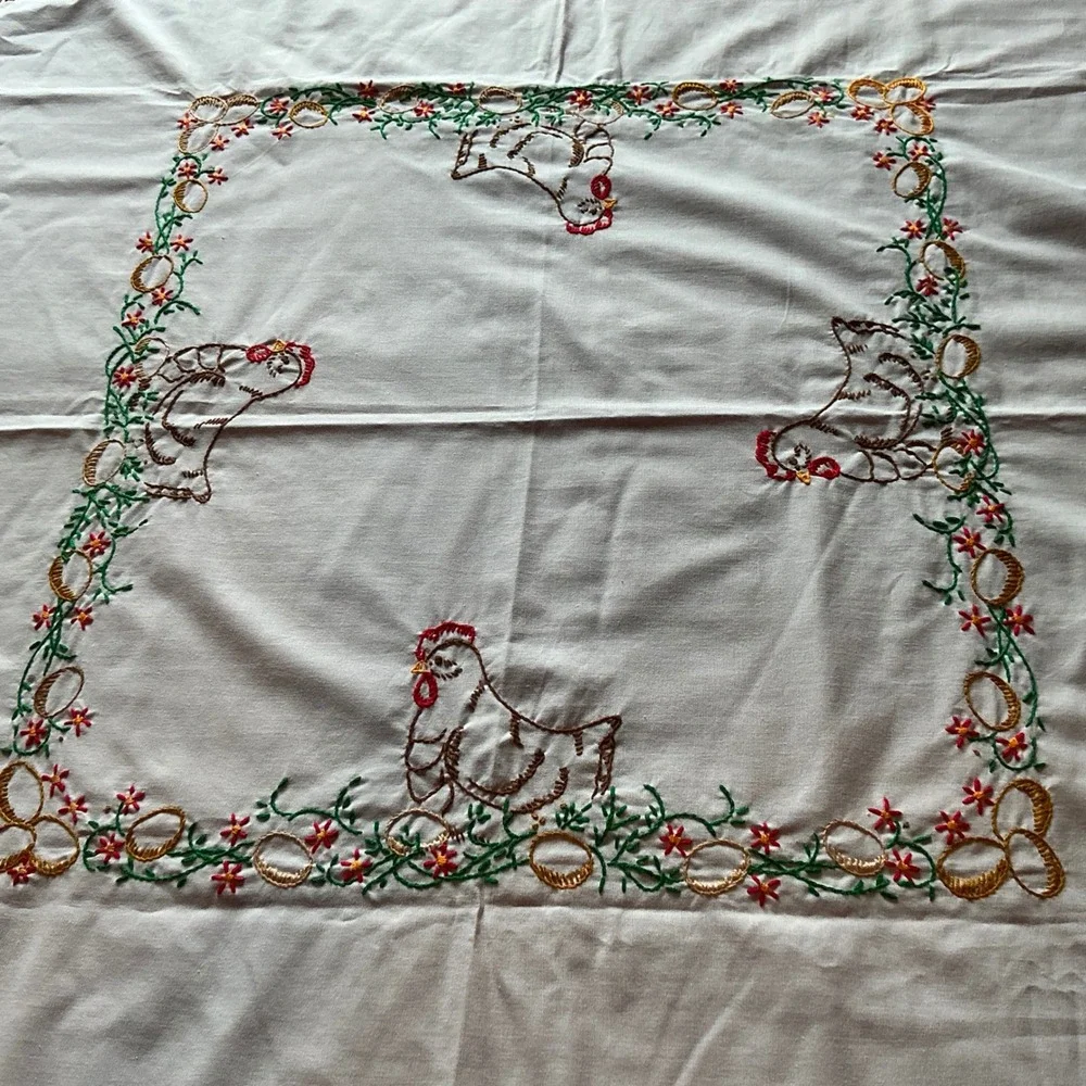 Vintage Hand‎ Embroidered Tablecloth Chickens Eggs Farmhouse Cottagecore 36x38